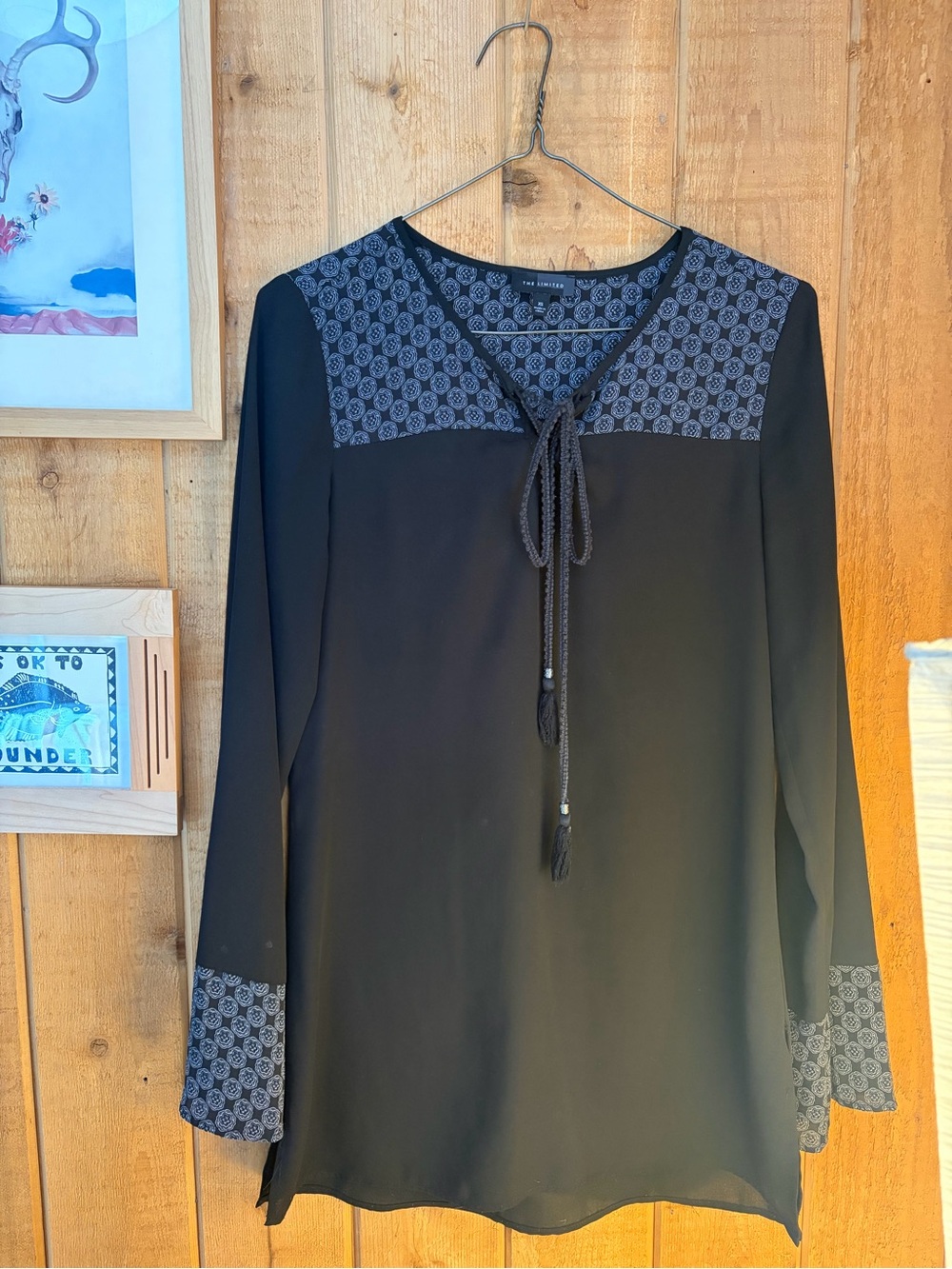 The Limited Black Tie-Neck Long Sleeve Blouse with Patterned Yoke